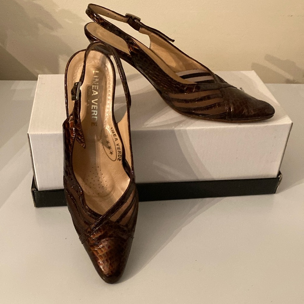 Vintage Italian Bronze Leather Slingback Linea Verde Shoes, Sz 5